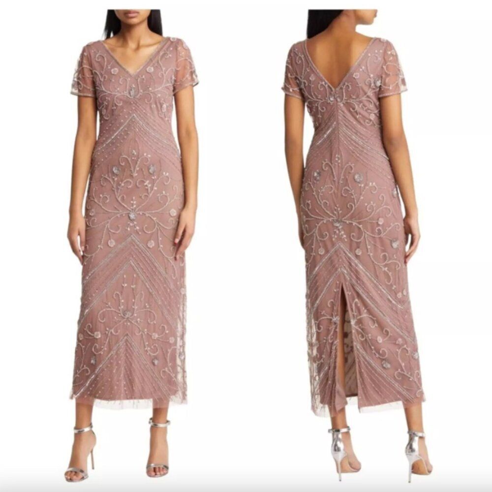 Pisarro Nights mauve dark blush silver sequin embellished short sleeve dress